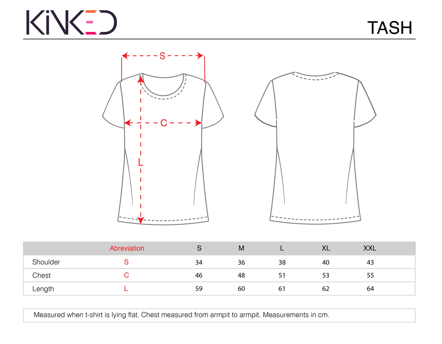 T-shirt size chart with measurements and KinkED branding