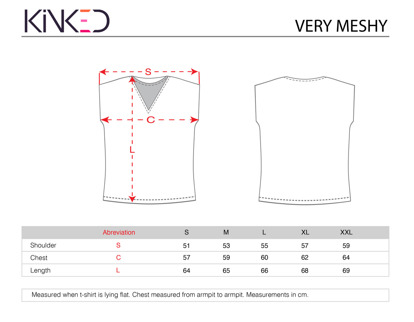 Measurement chart for a t-shirt with KINKED branding and size chart.