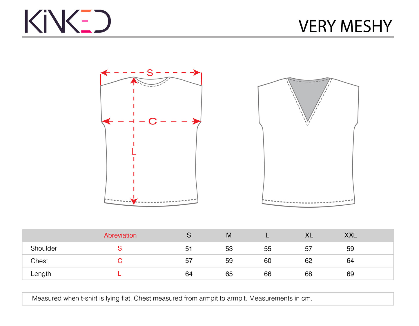 Measurement chart for a t-shirt with labeled parts and size chart on a white background.