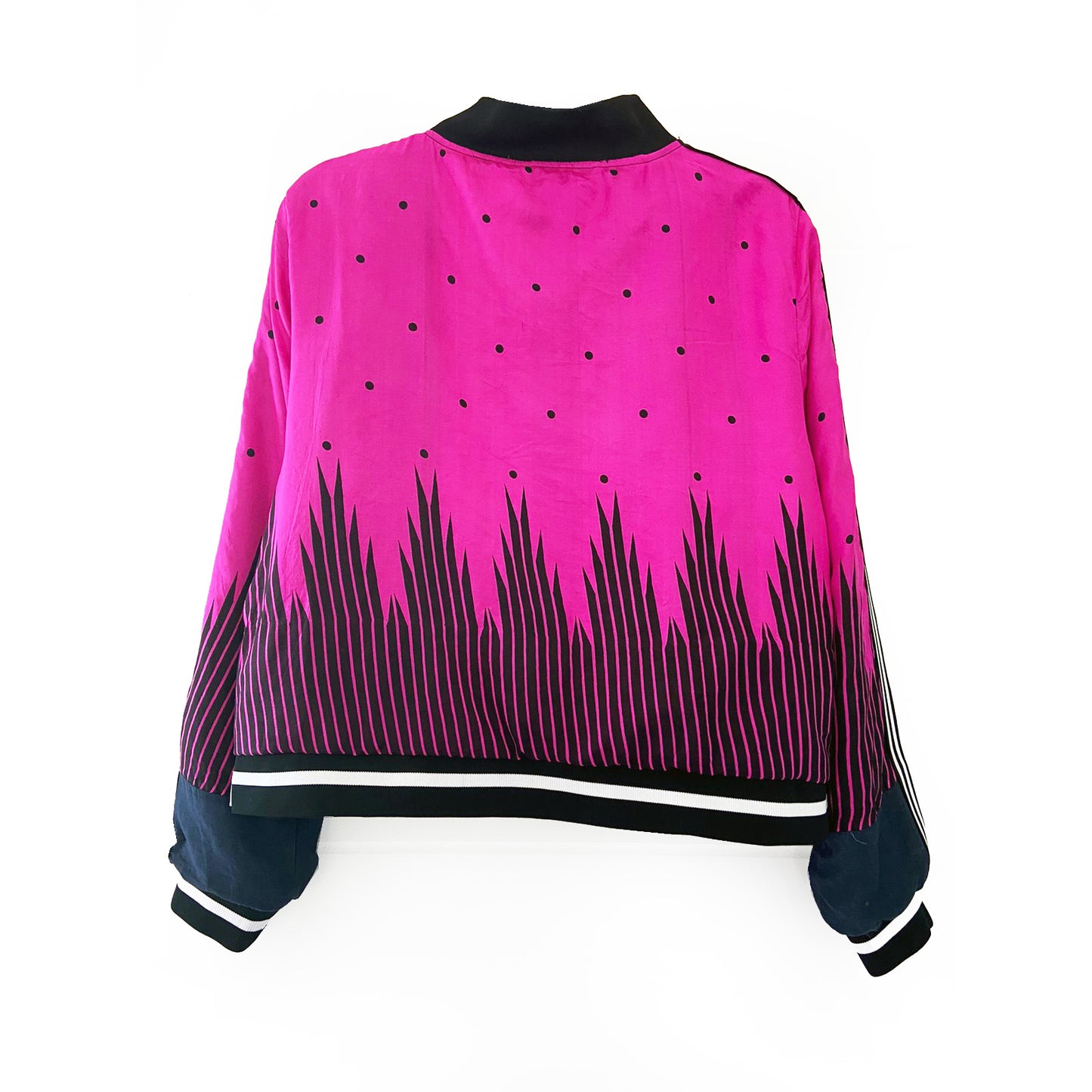Pink bomber jacket with black patterns on a white background
