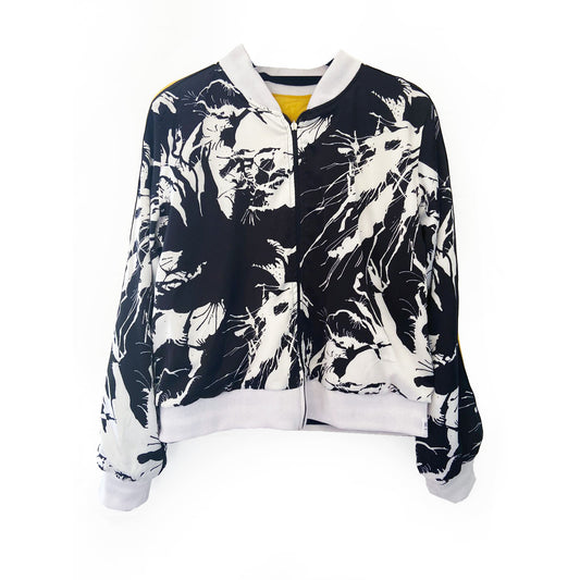 Black and white patterned bomber jacket on a white background