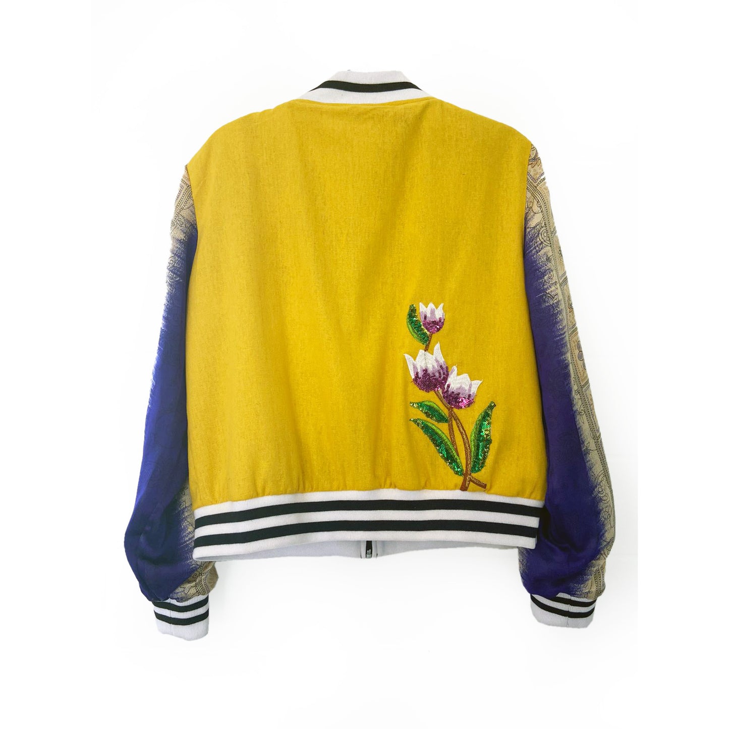 Yellow bomber jacket with floral embroidery on a white background