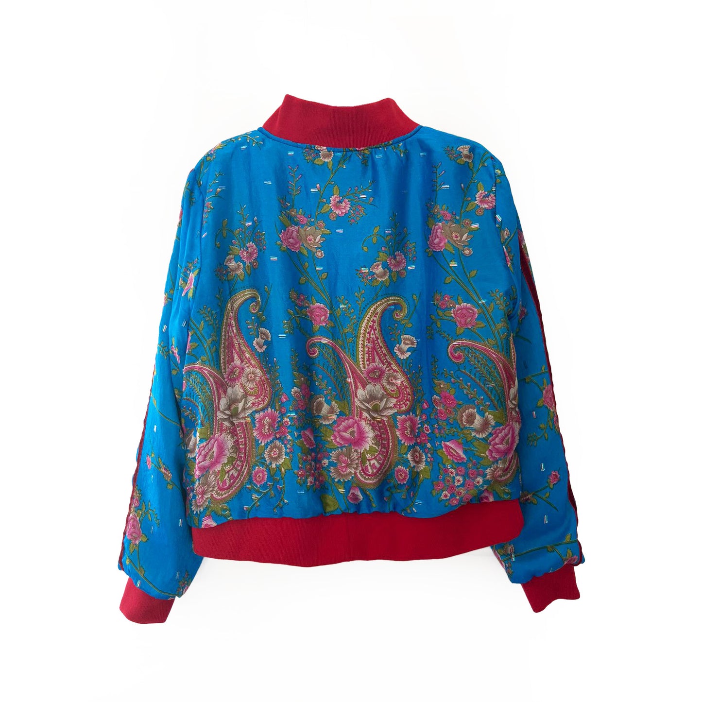 Blue floral-patterned jacket with red accents on a white background
