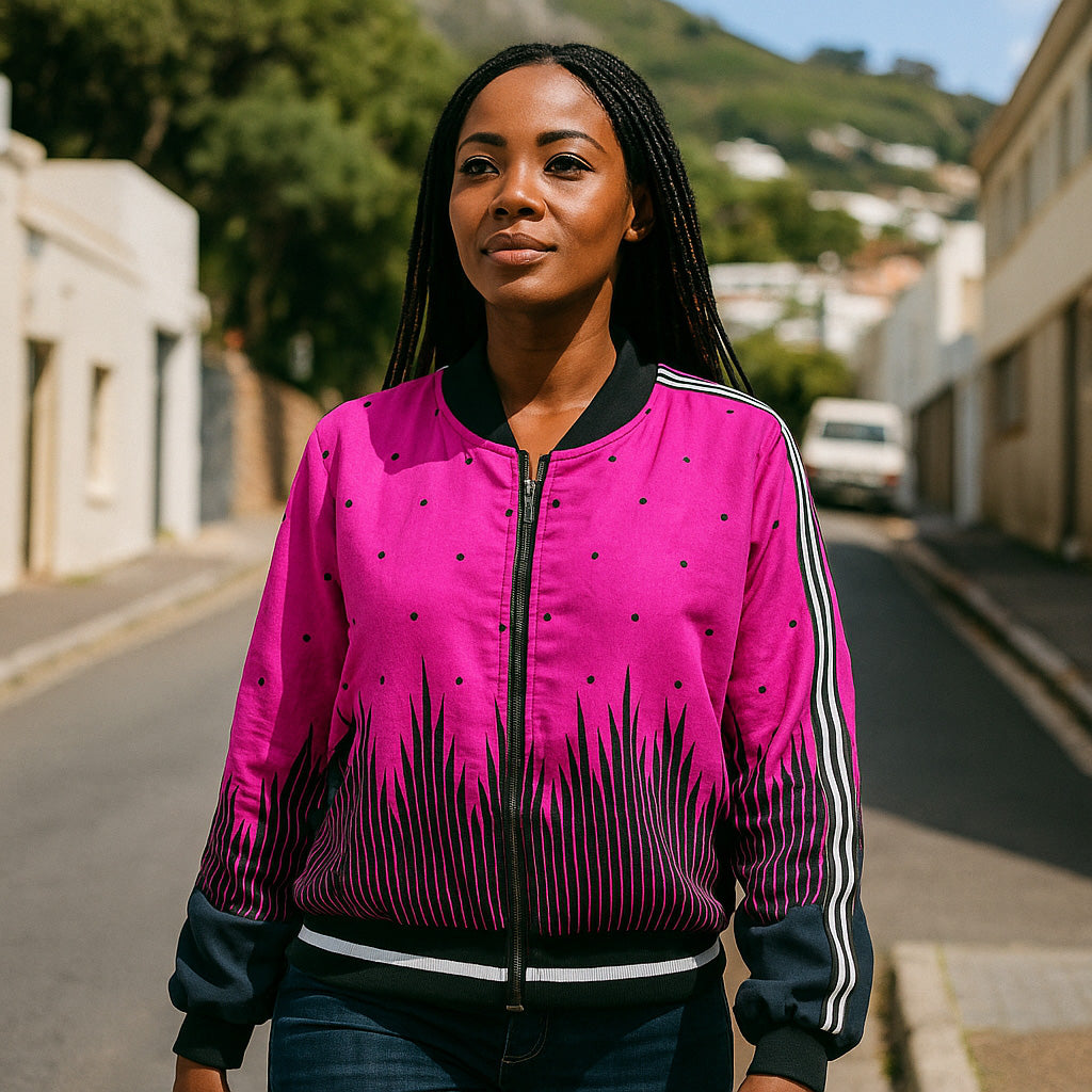 Woman wearing a pink jacket with black and white stripes on a street with buildings and trees in the background