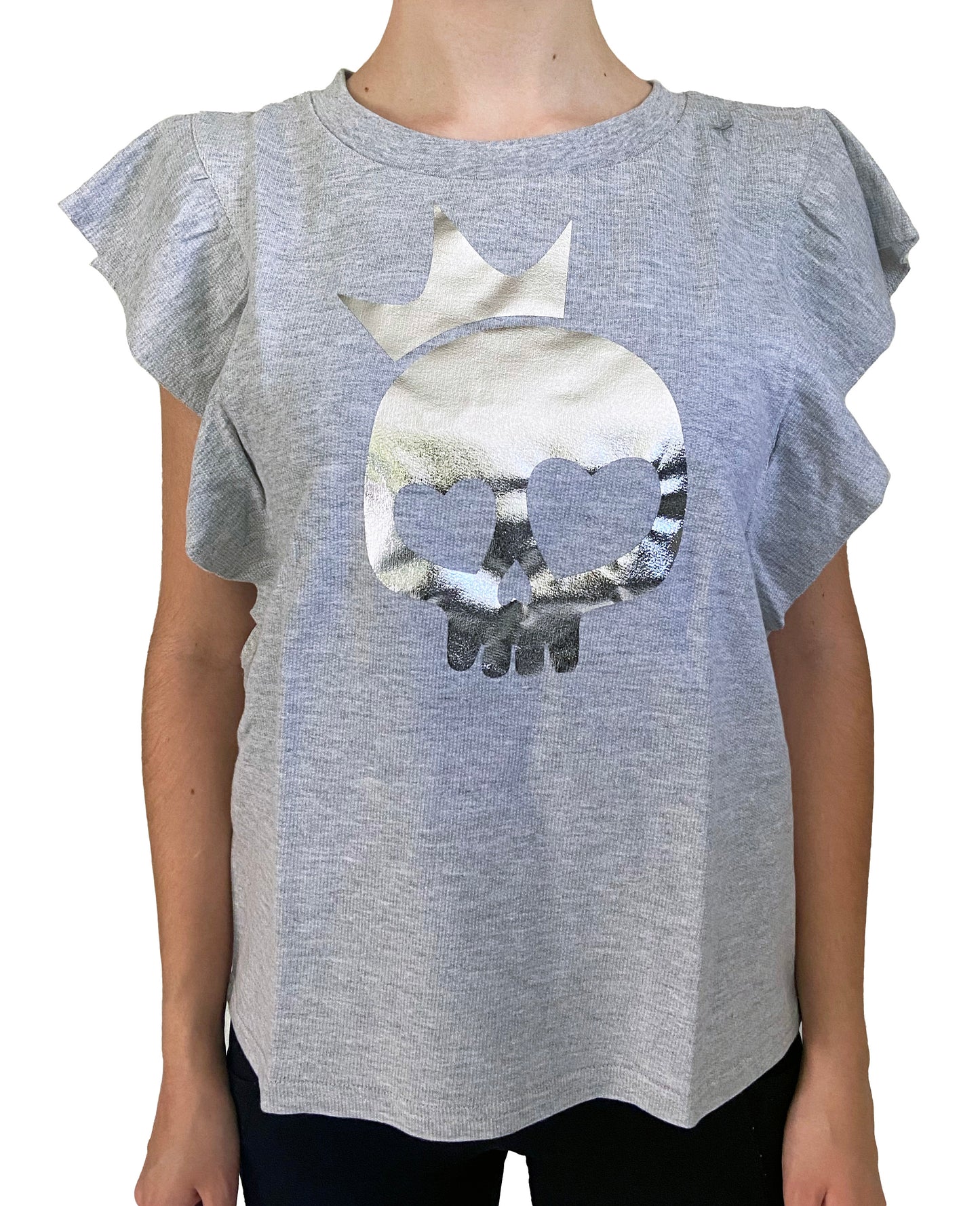 Gray t-shirt with a skull and crown design on a white background