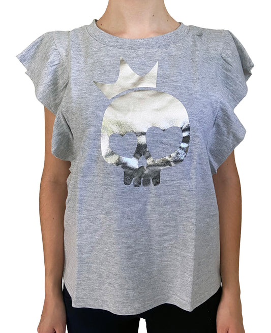 Gray t-shirt with a skull and crown design on a white background