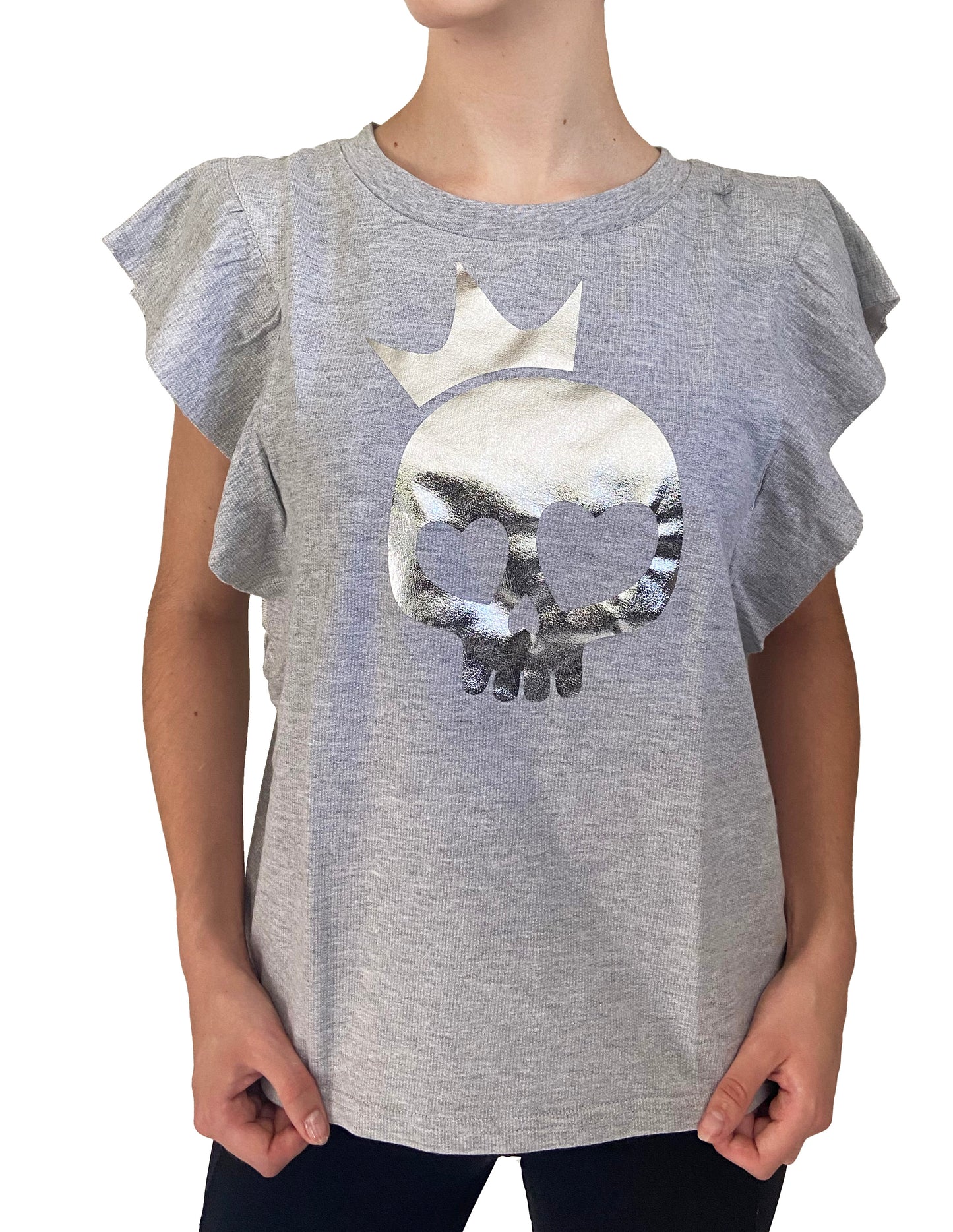 Gray t-shirt with skull and crown design worn by a person on a white background