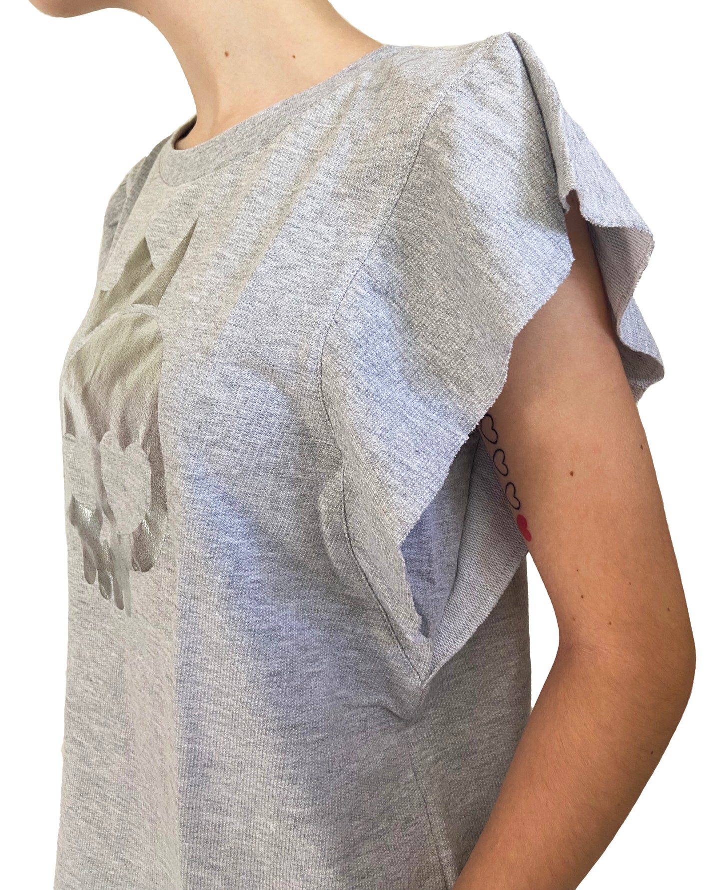 Gray top with ruffled sleeves on a white background