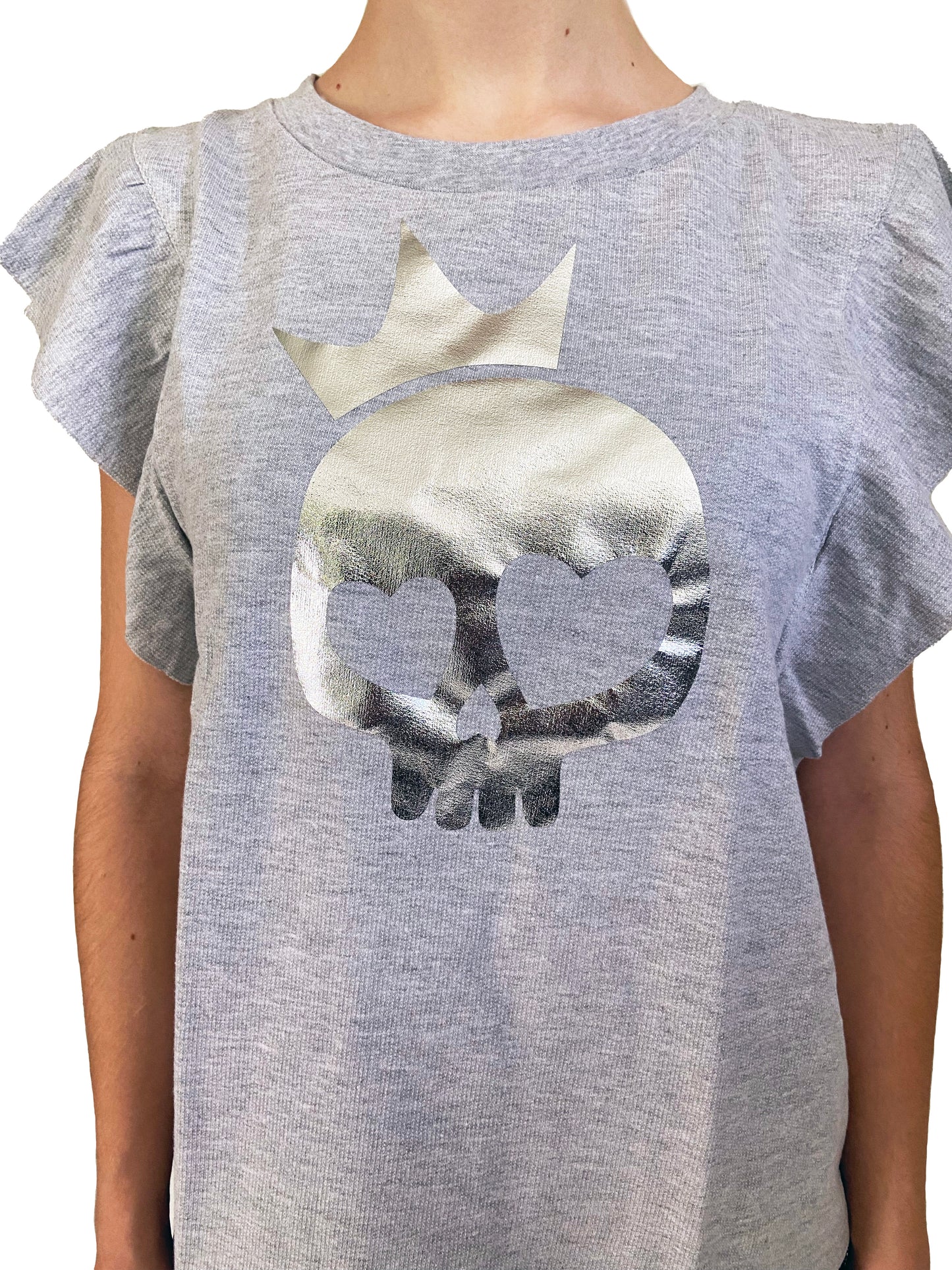 Gray t-shirt with a skull and crown design on a white background
