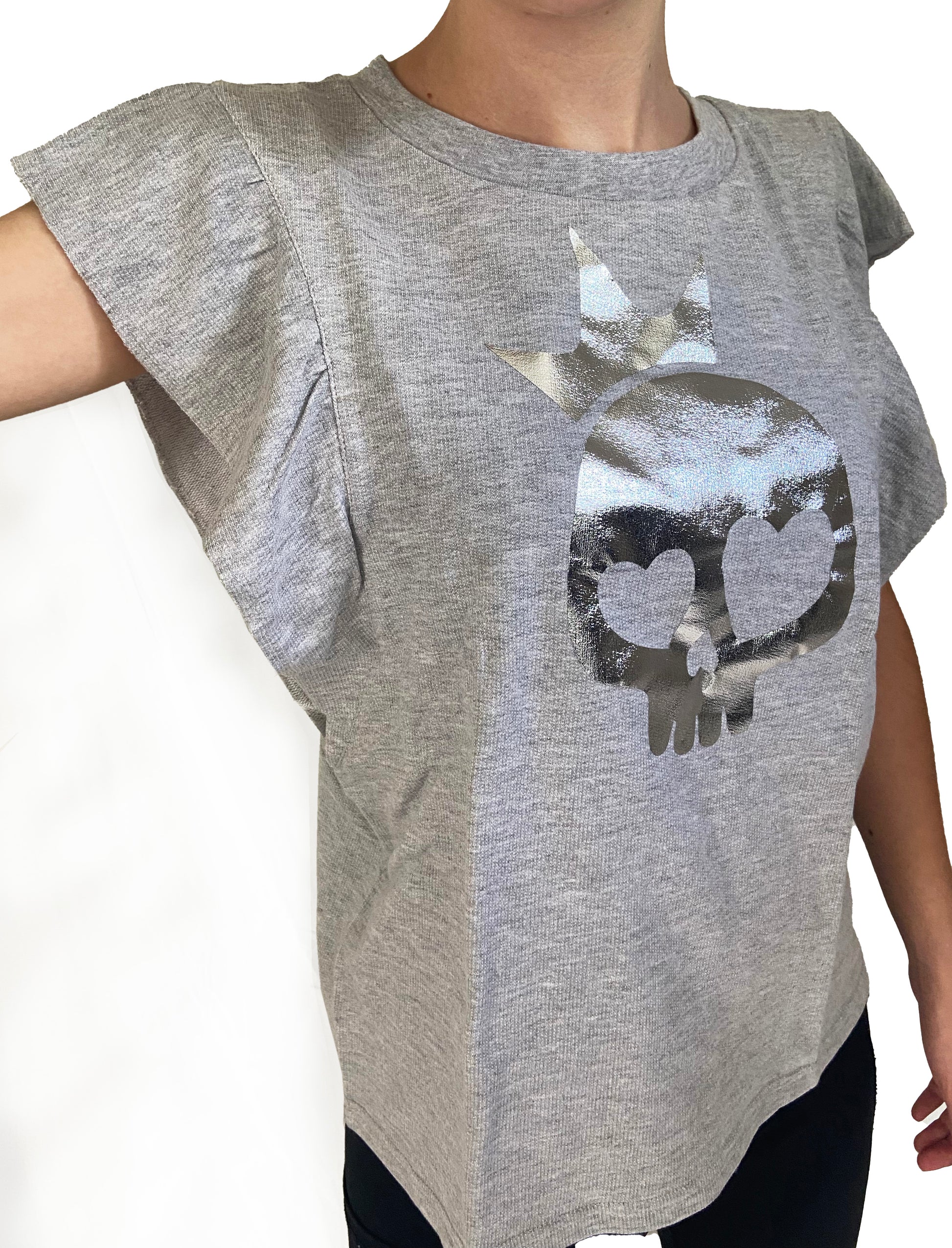 Gray t-shirt with a skull design on a white background