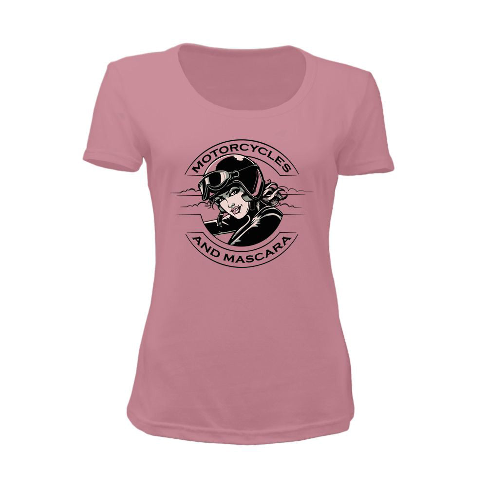 Pink t-shirt with 'Motorcycles and Mascara' graphic on a white background