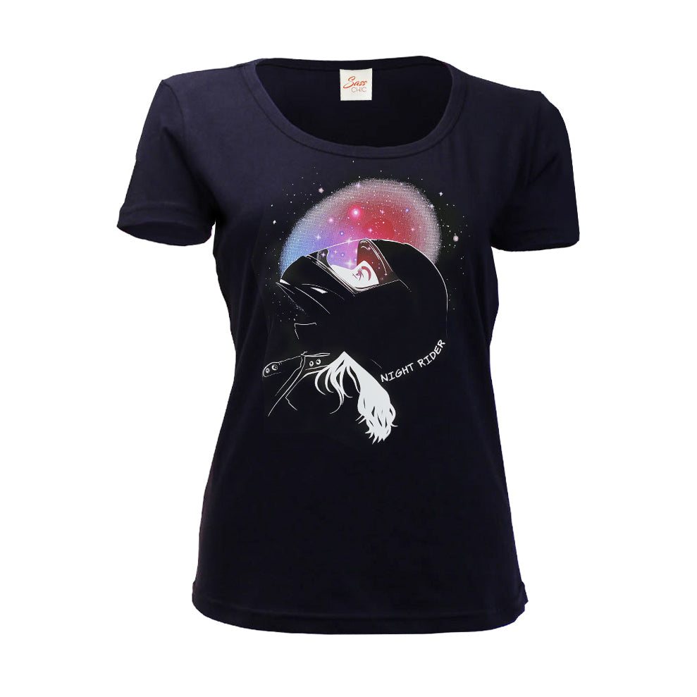 Black t-shirt with a graphic design of a helmet and text on a white background