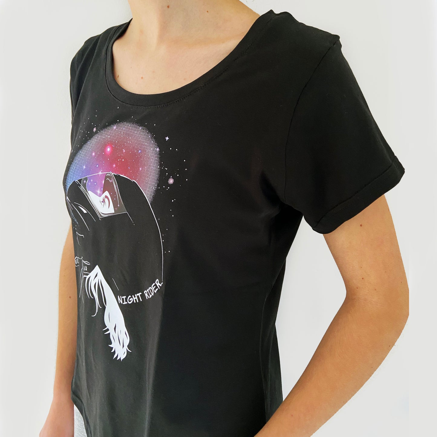 Black t-shirt with a graphic design of a character wearing a helmet on a plain background