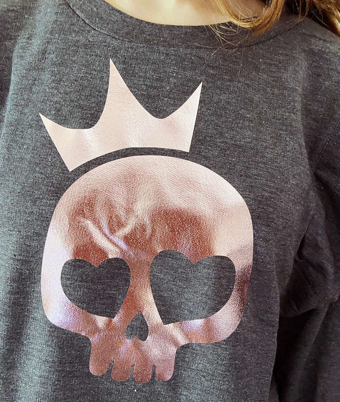 Close up rose gold skull print on charcoal