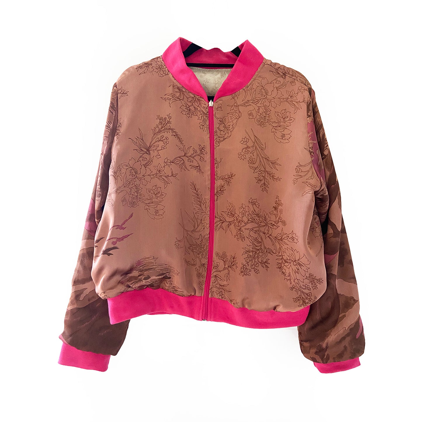 Silk bomber jacket with pink ribbing on a white background