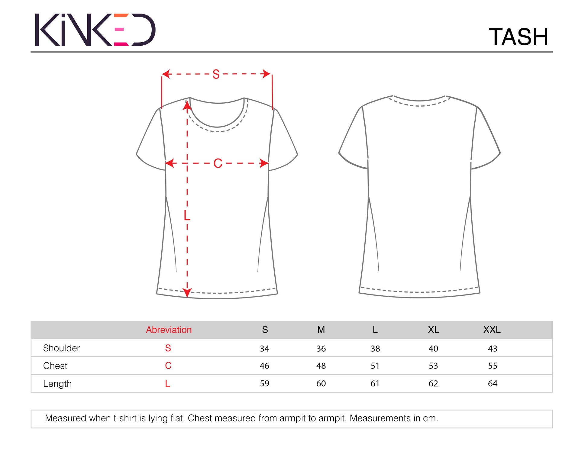 T-shirt size chart with measurements and KinkED branding