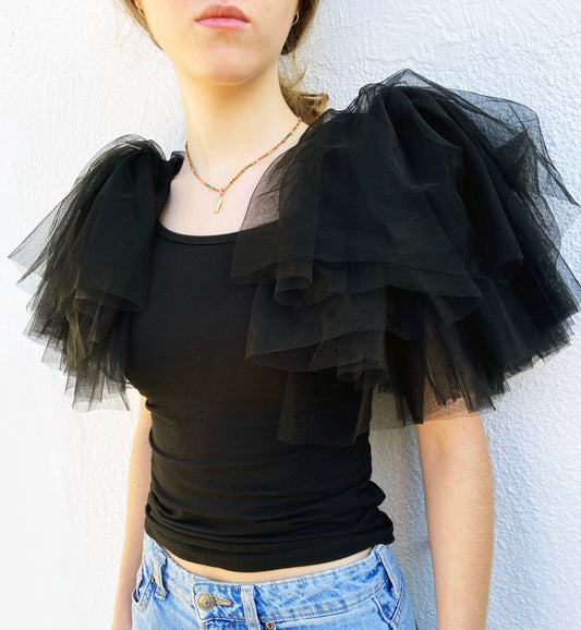 Person wearing a black top with ruffled tulle sleeves against a white background