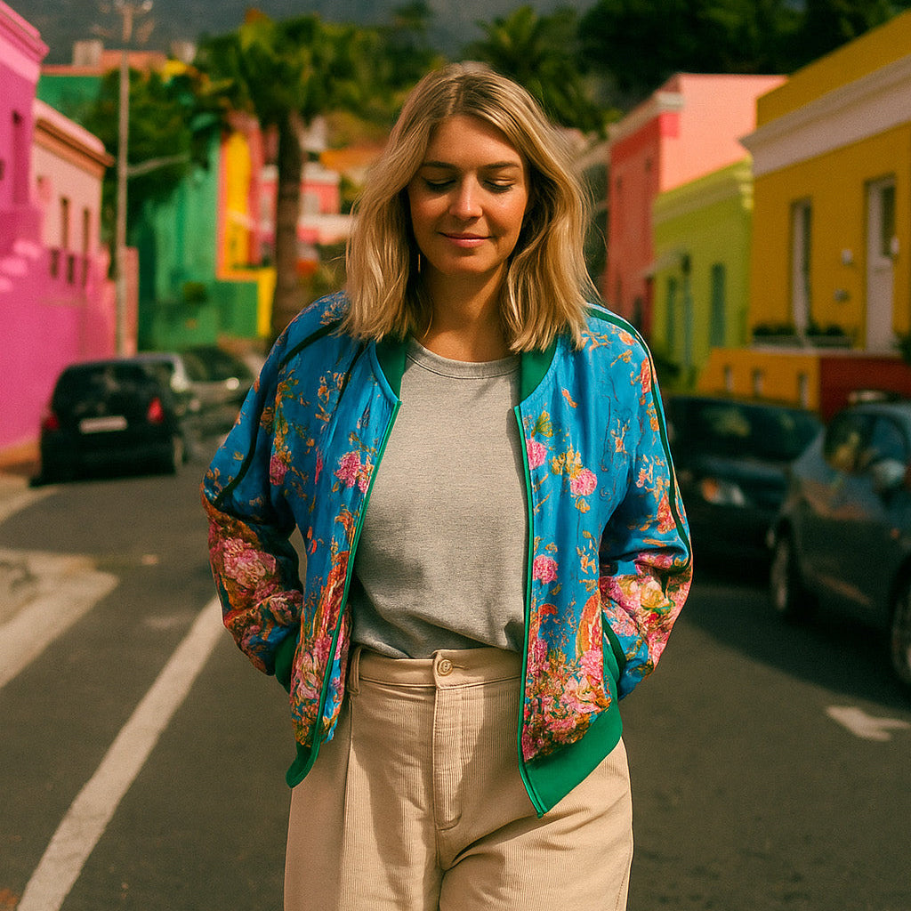 Woman in a colorful floral jacket standing on a street with colorful buildings in the background