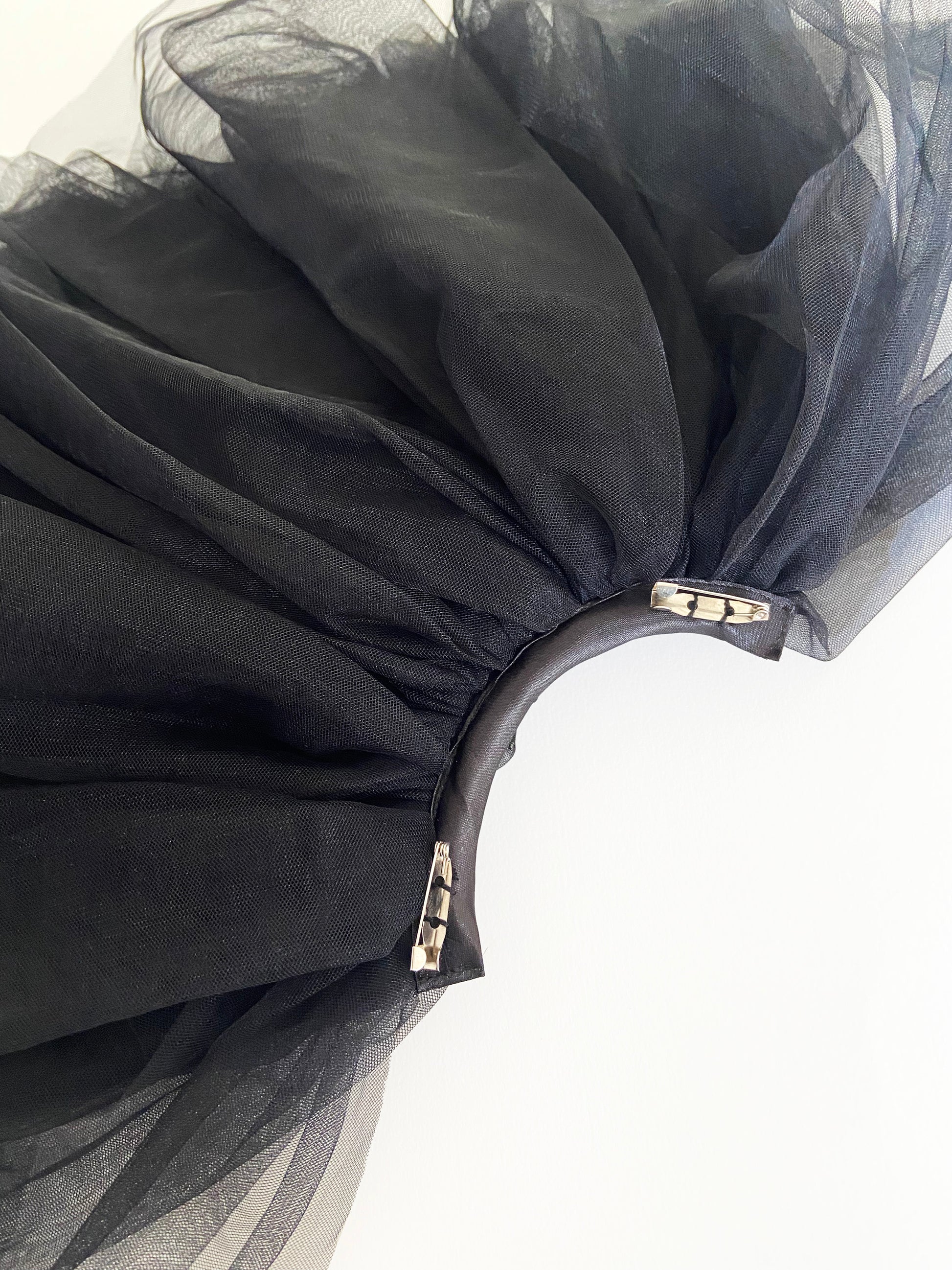 detachable black tulle sleeve with shoulder safety pins on white background