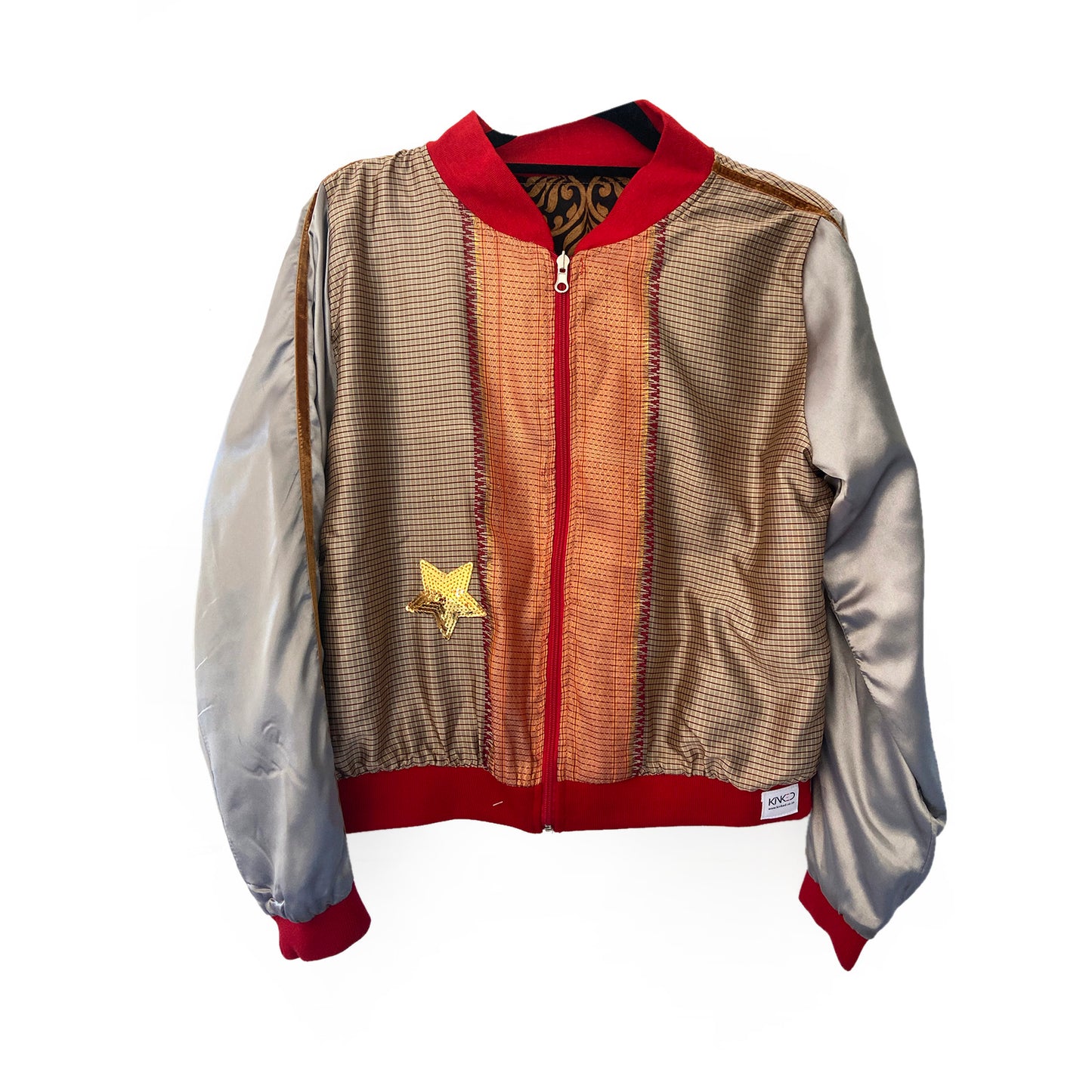 beige and silver jacket with red collar and zipper on a white background