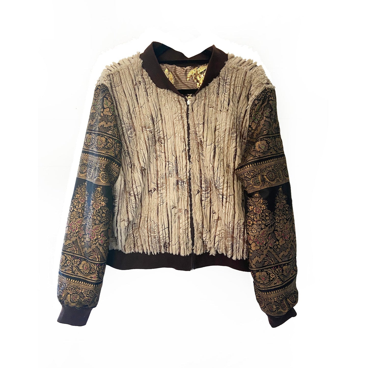 Textured jacket with patterned sleeves on a white background