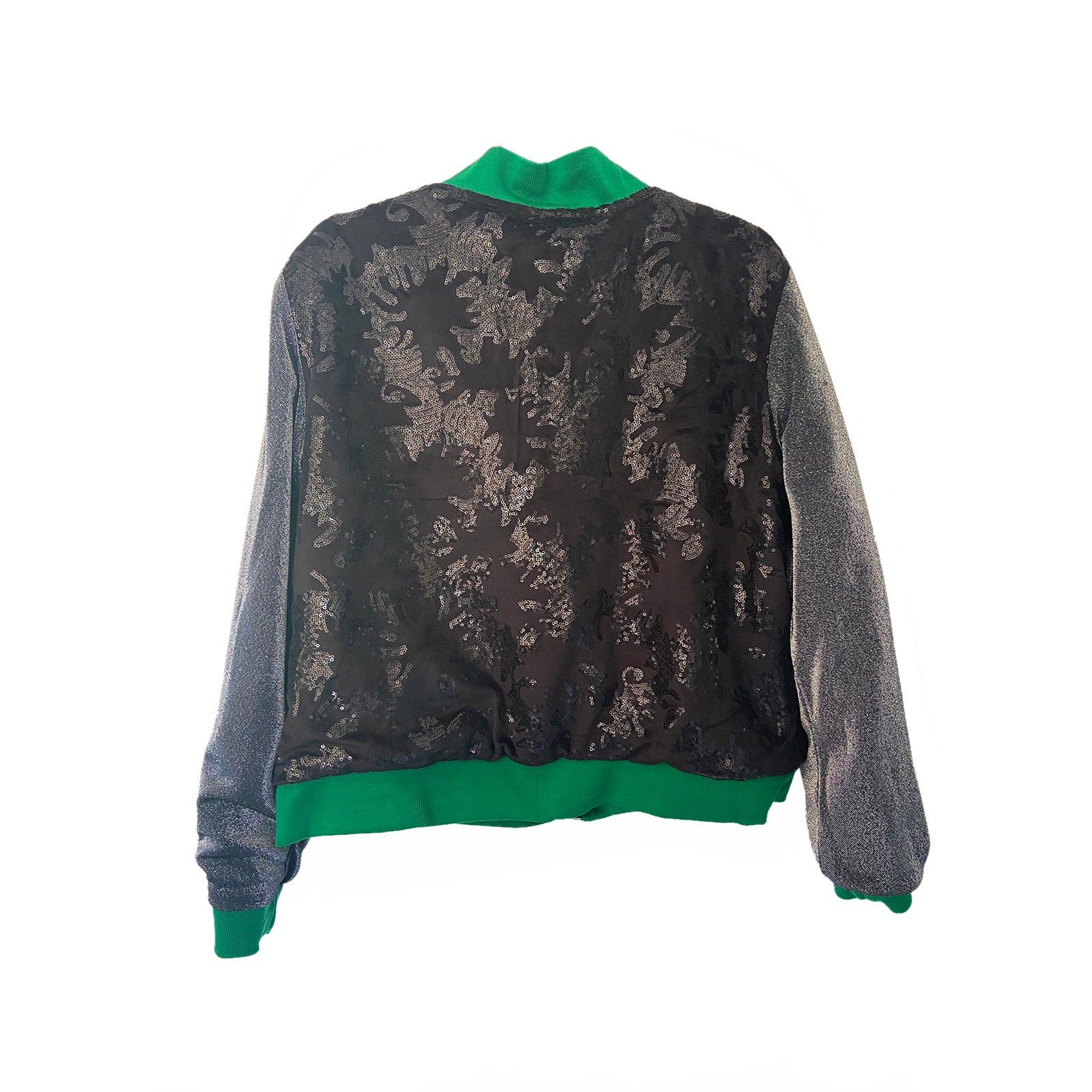 Black and grey patterned jacket with green trim on a white background