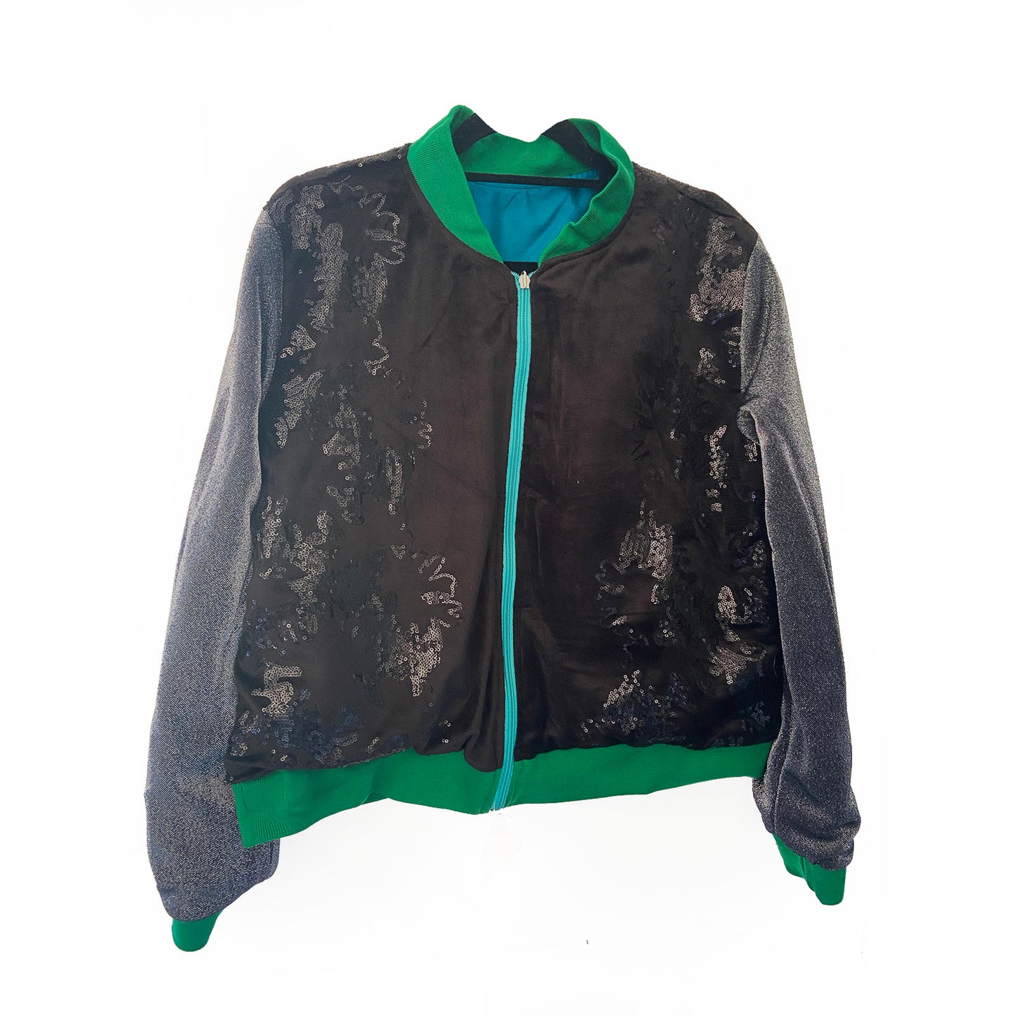Black and silver patterned jacket with green and blue accents on a white background
