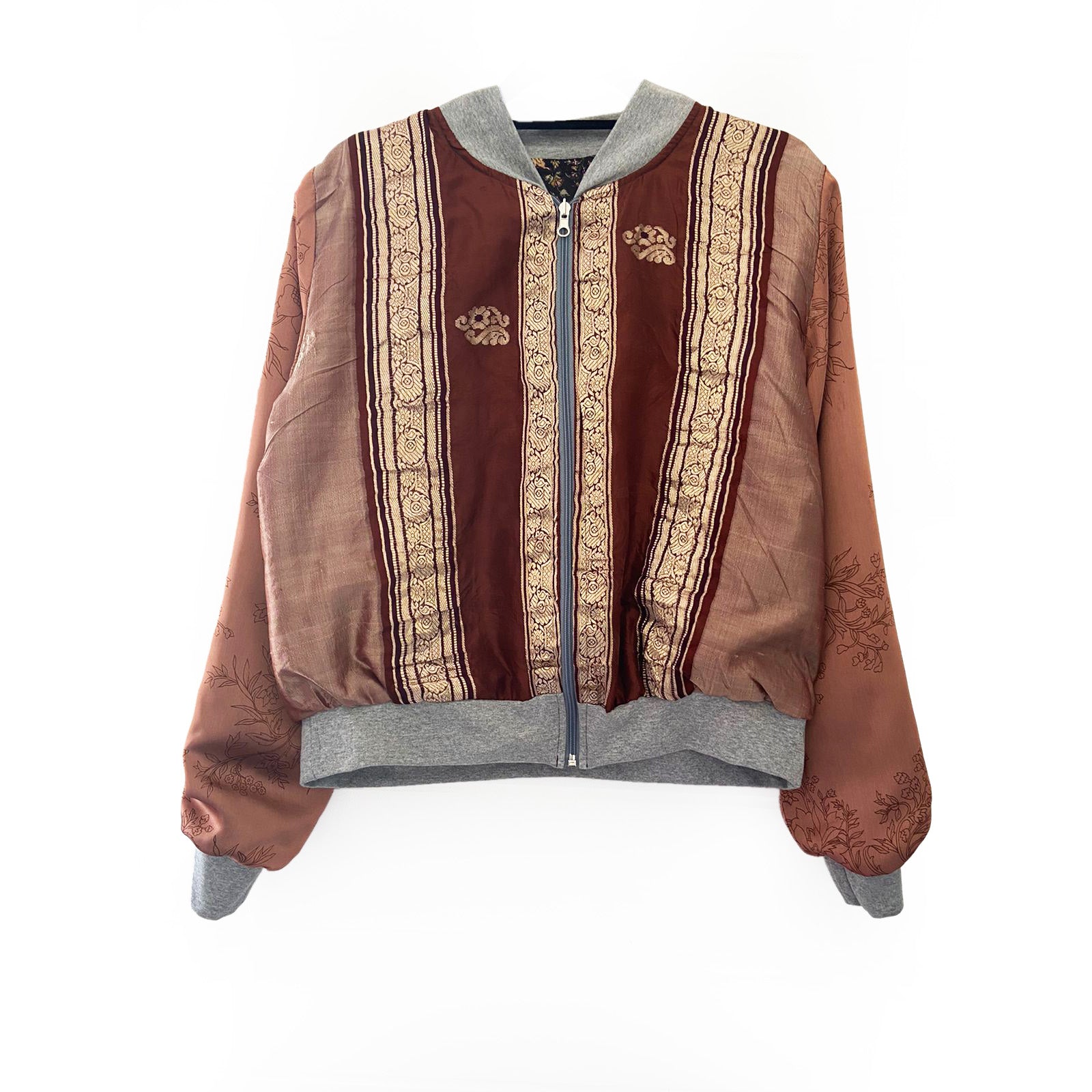 Brown jacket with decorative patterns on a white background