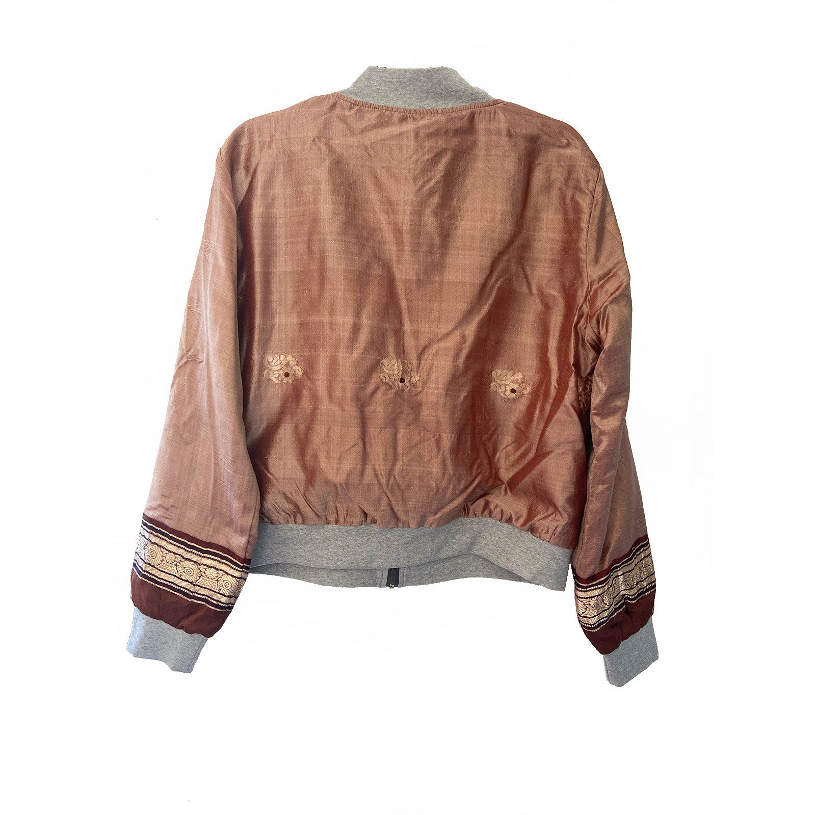 Brown bomber jacket with grey collar and cuffs on a white background