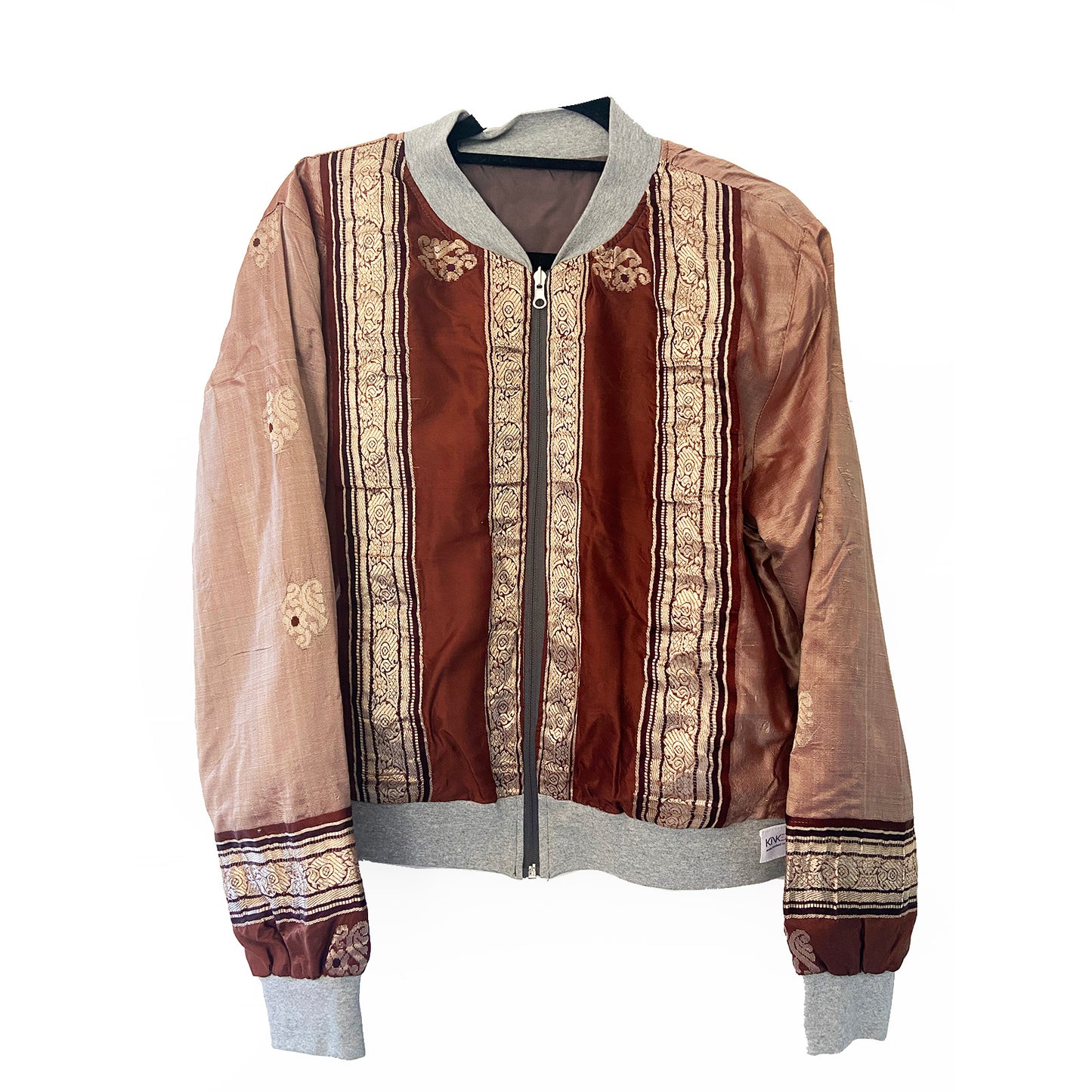Brown with gold brocade sari bomber jacket with floral designs on a white background