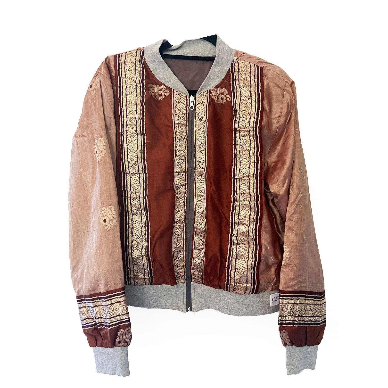 Brown with gold brocade sari bomber jacket with floral designs on a white background