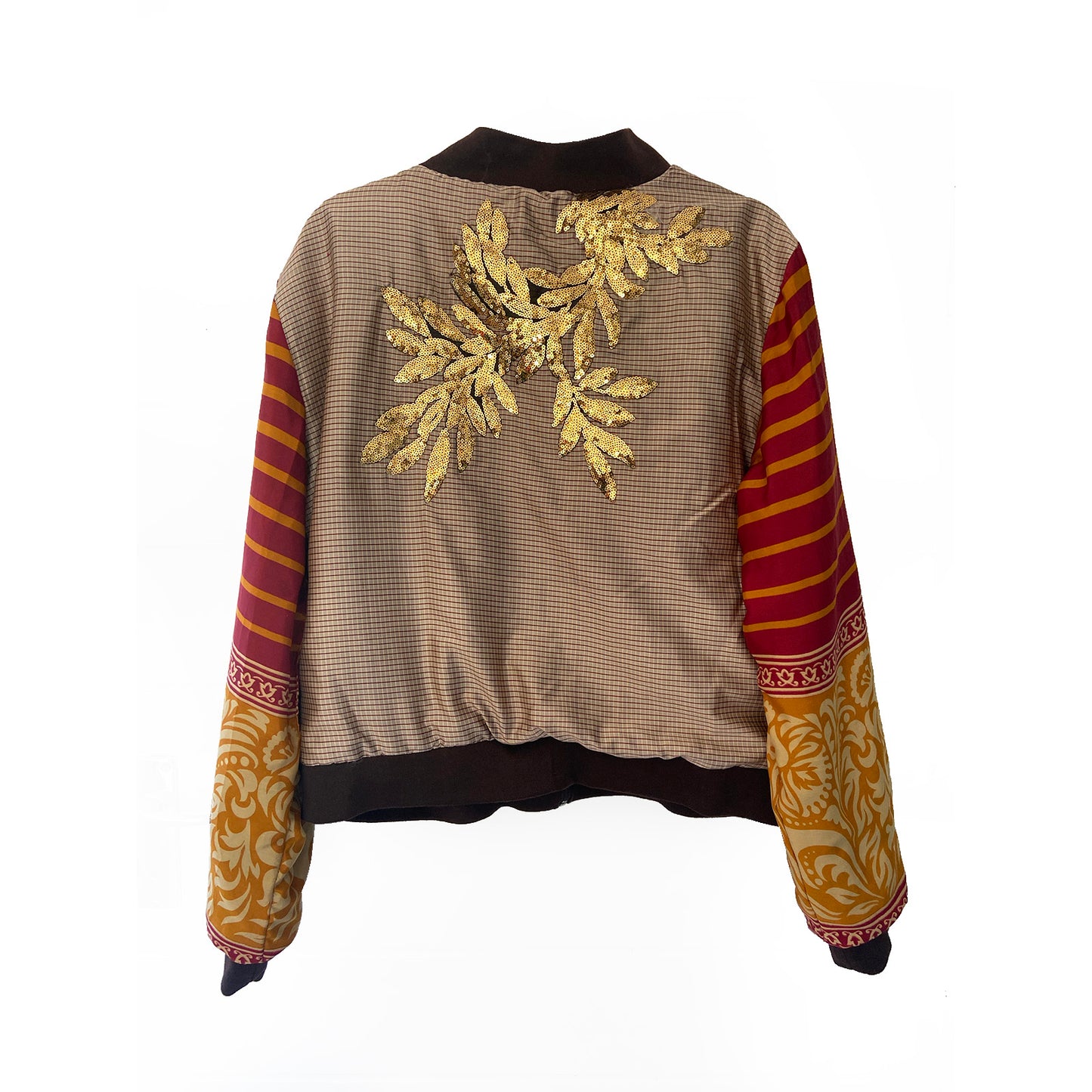 Elegant jacket with gold embroidery and colorful sleeves on a white background