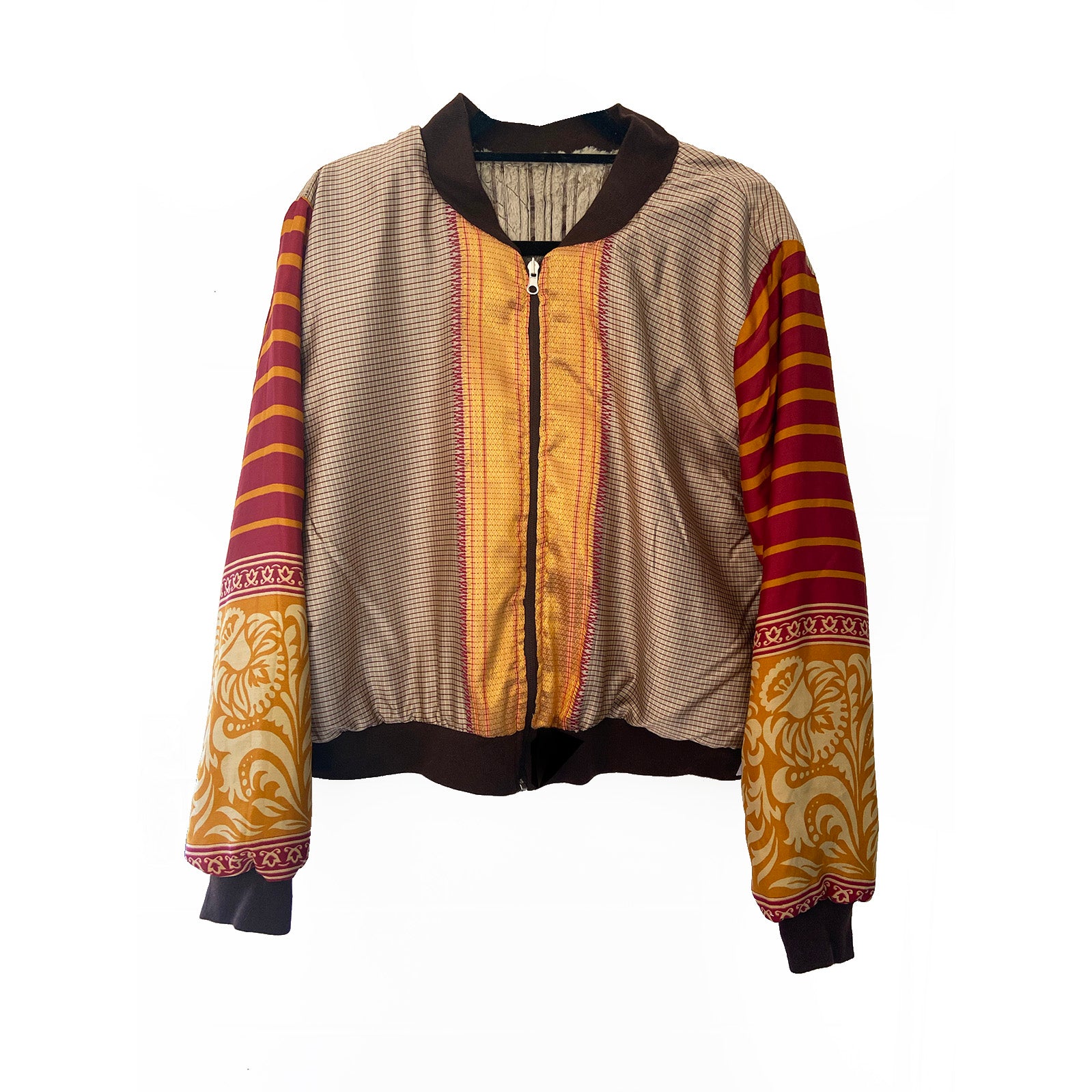 Jacket with patterned sleeves and front panel on a white background