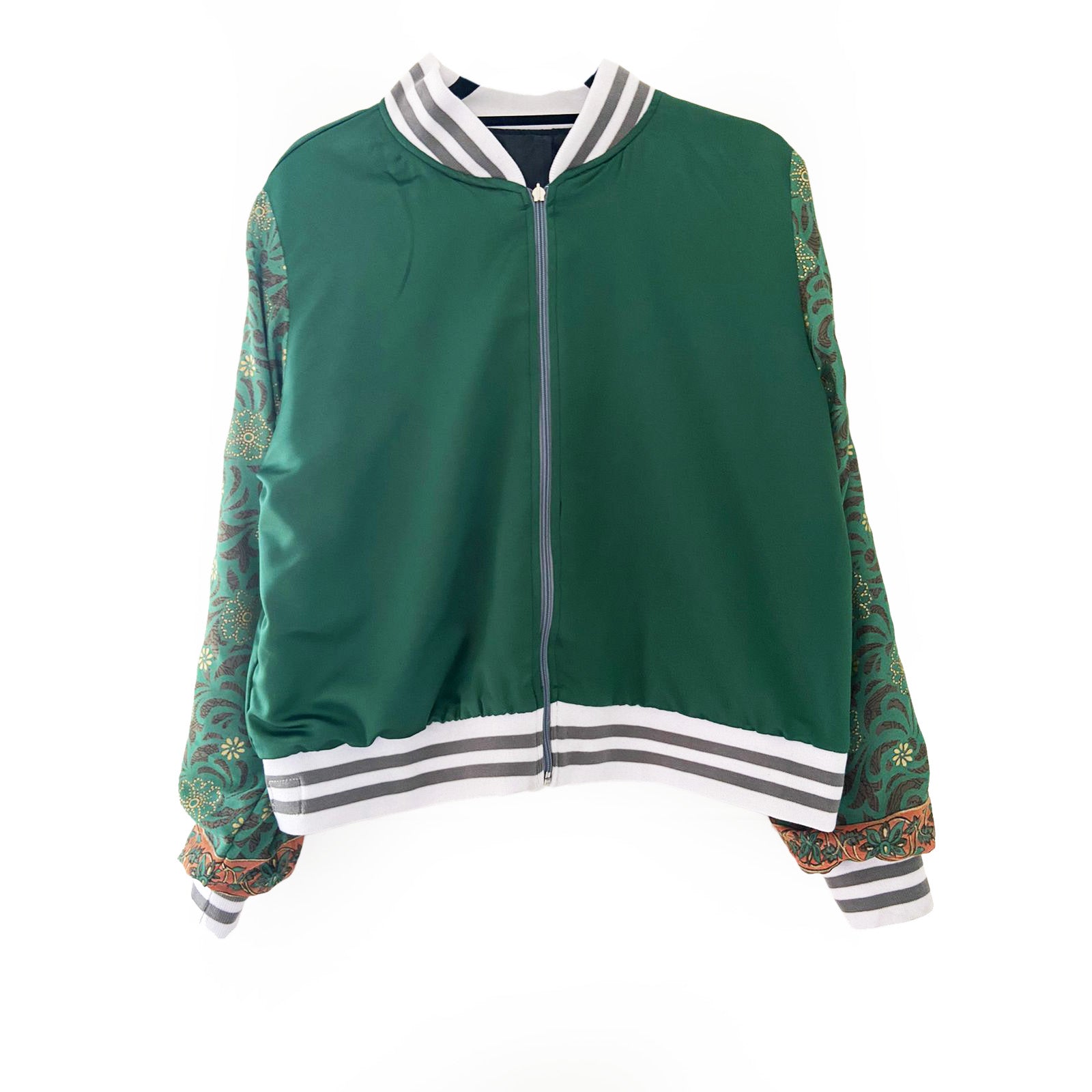 Green jacket with patterned sleeves on a white background