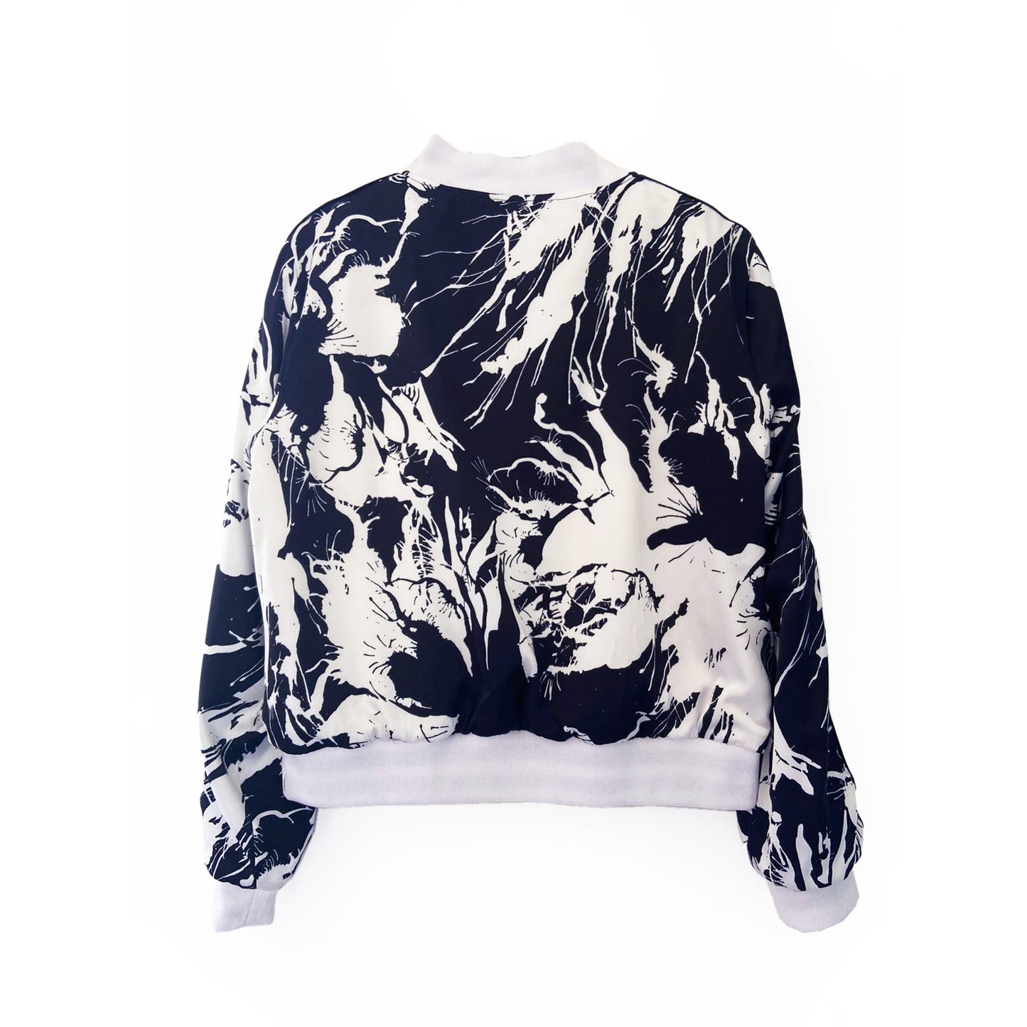 bomber jacket with black and white abstract pattern on a white background