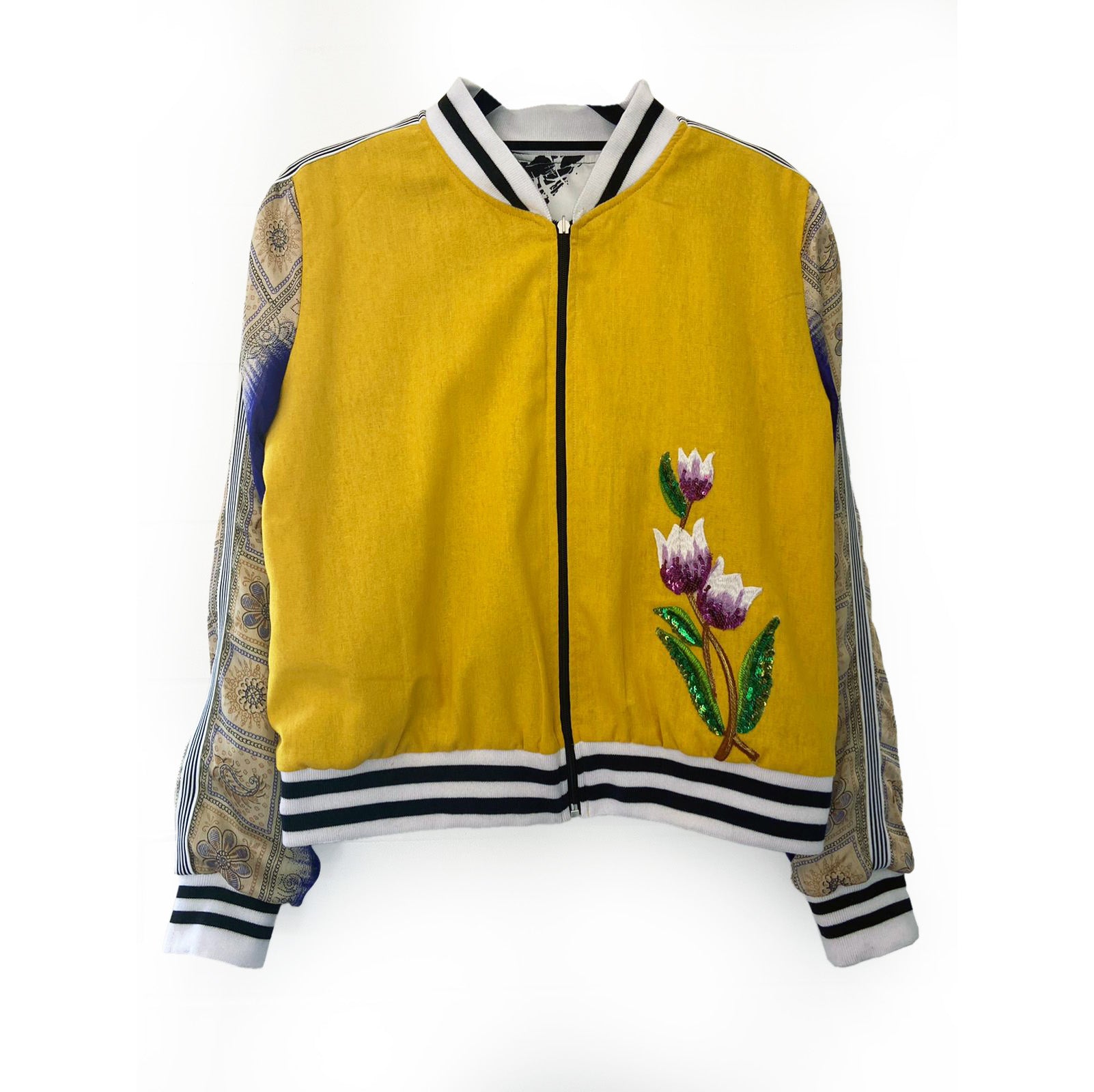 Yellow bomber jacket with floral embroidery on a white background