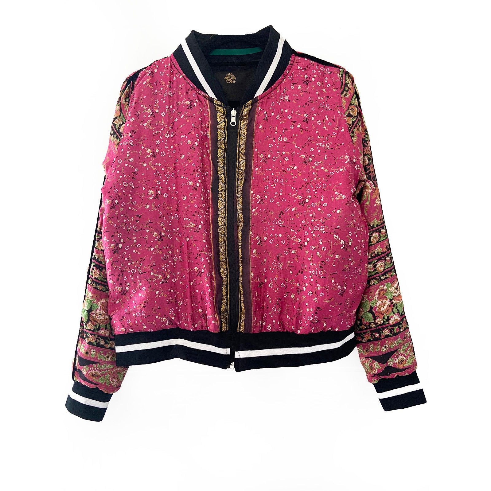 Pink sari floral patterned jacket on a white background