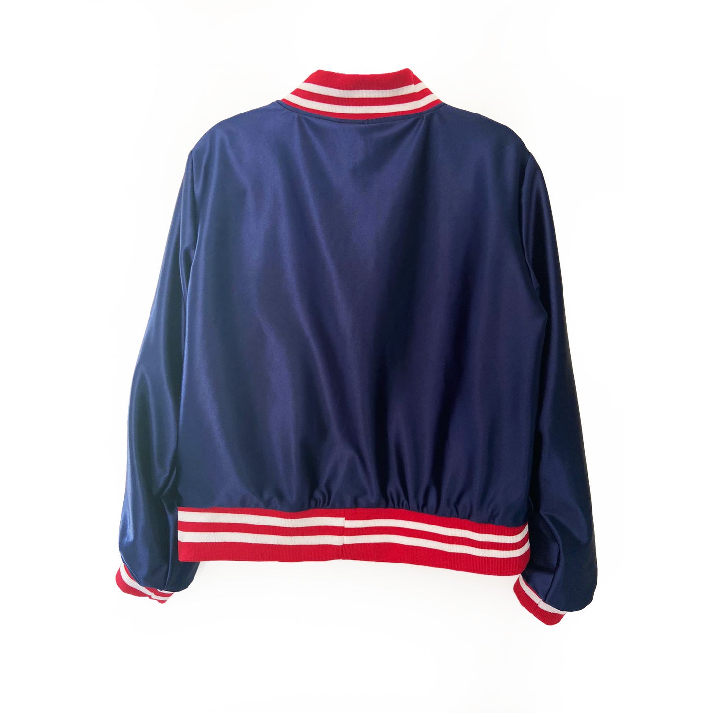 Navy blue bomber jacket with red and white accents on a white background