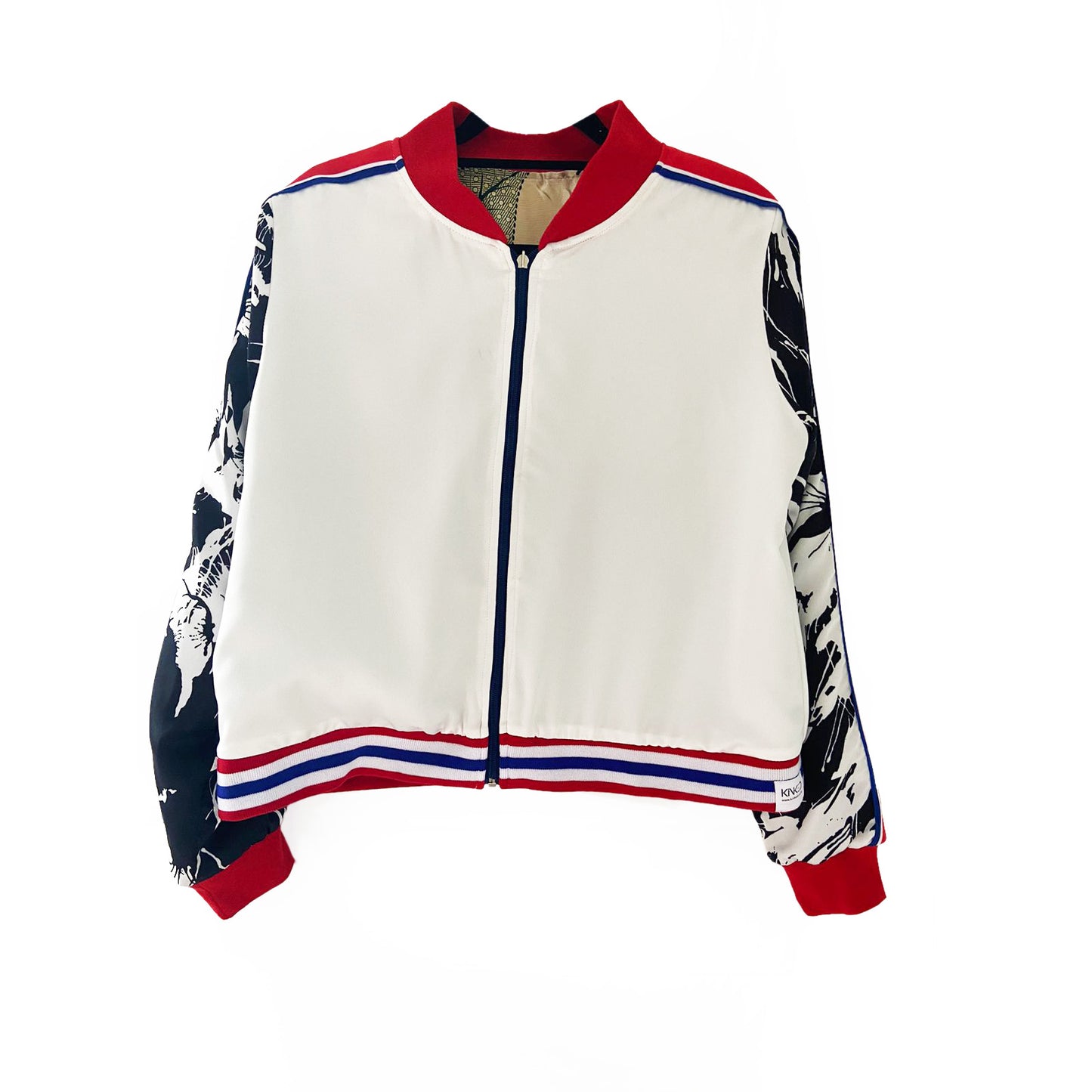 White bomber jacket with red and blue accents on a white background