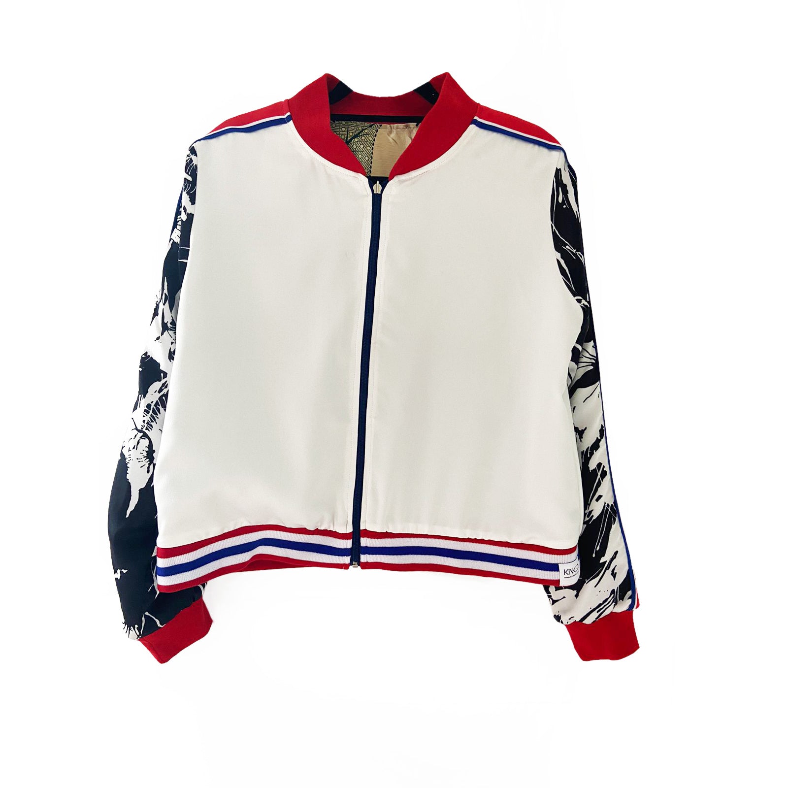 White bomber jacket with red and blue accents on a white background