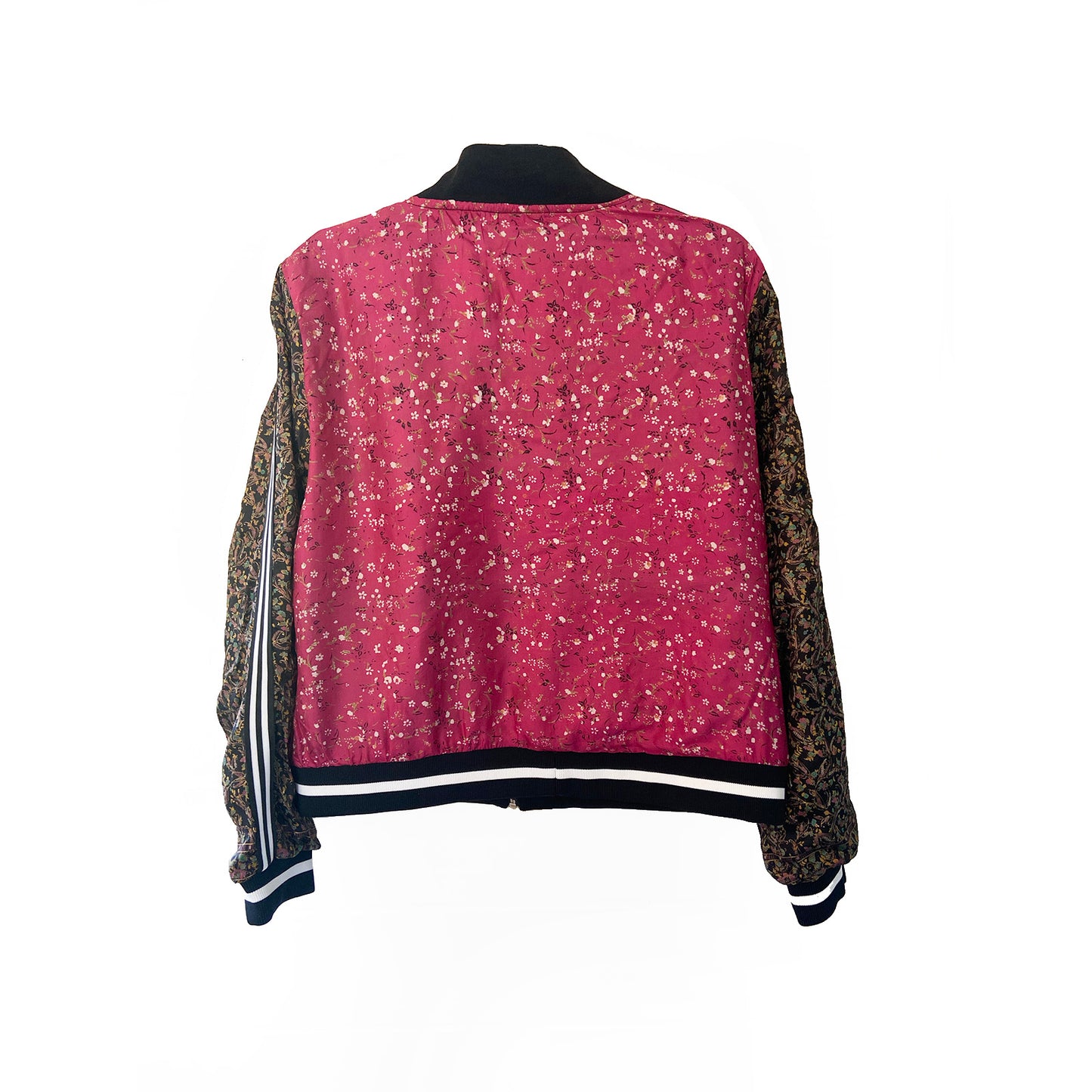 Pink varsity jacket with black and white trim on a white background