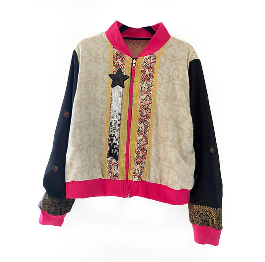 Colorful jacket with patterned design on a white background