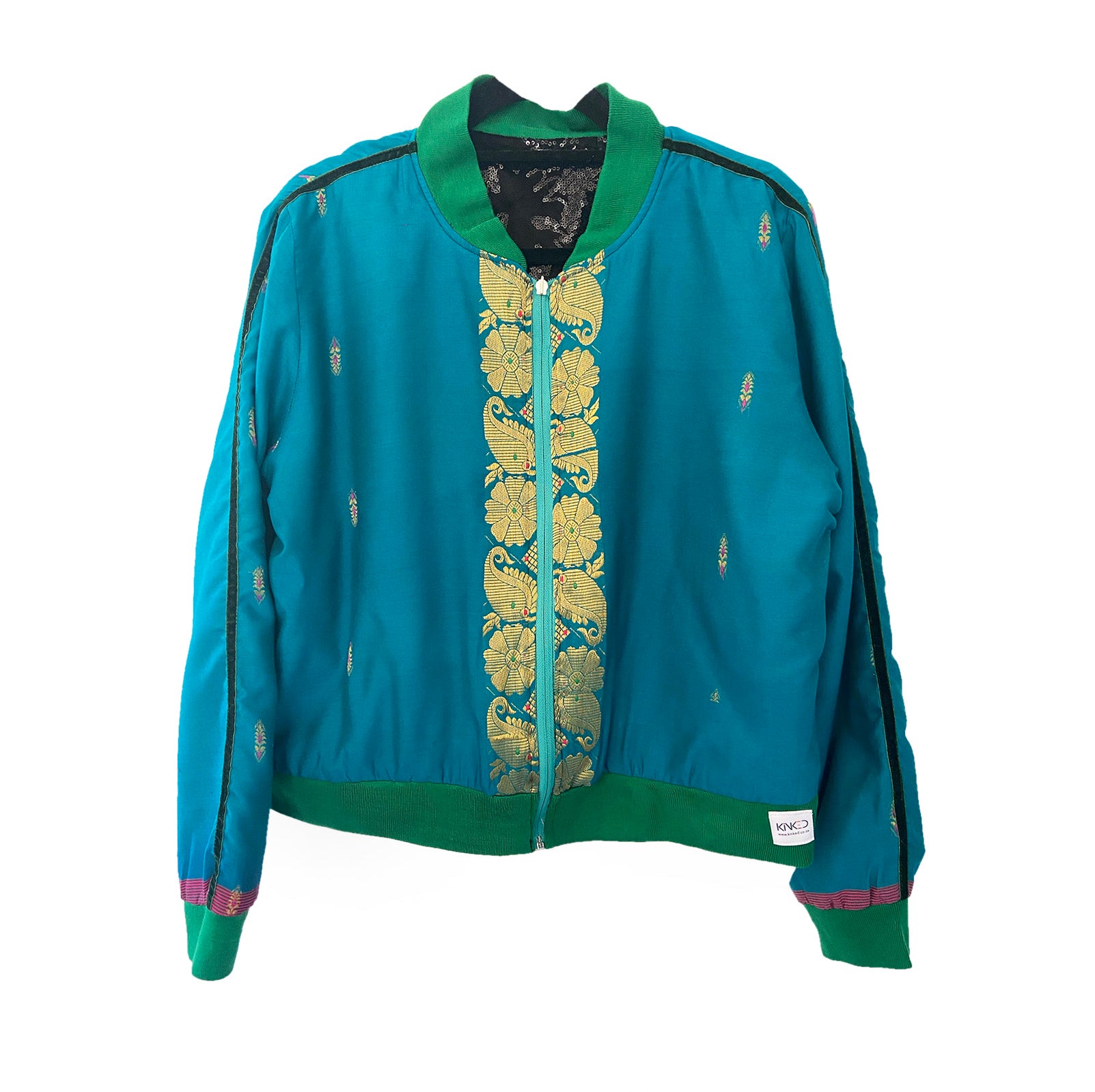 Turquoise jacket with gold embroidery on a white background