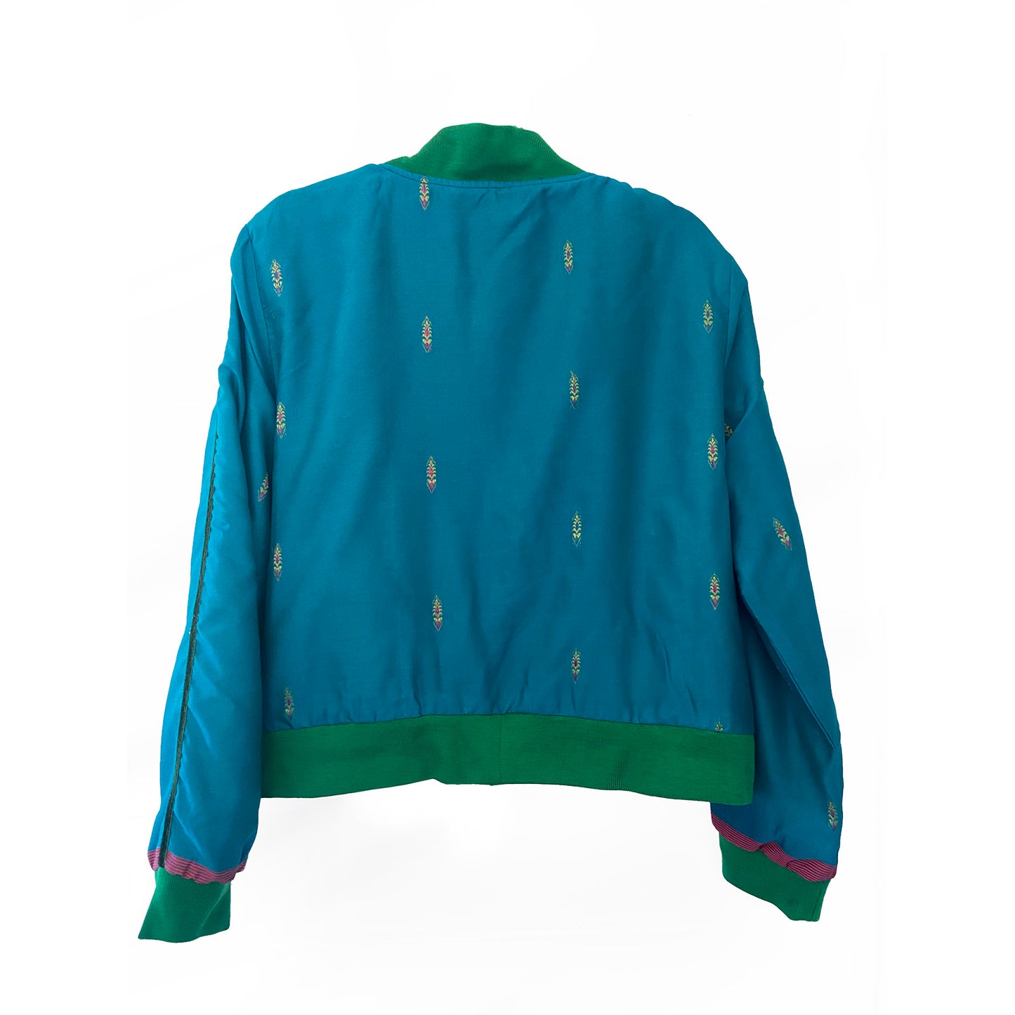 Blue jacket with green trim on a white background