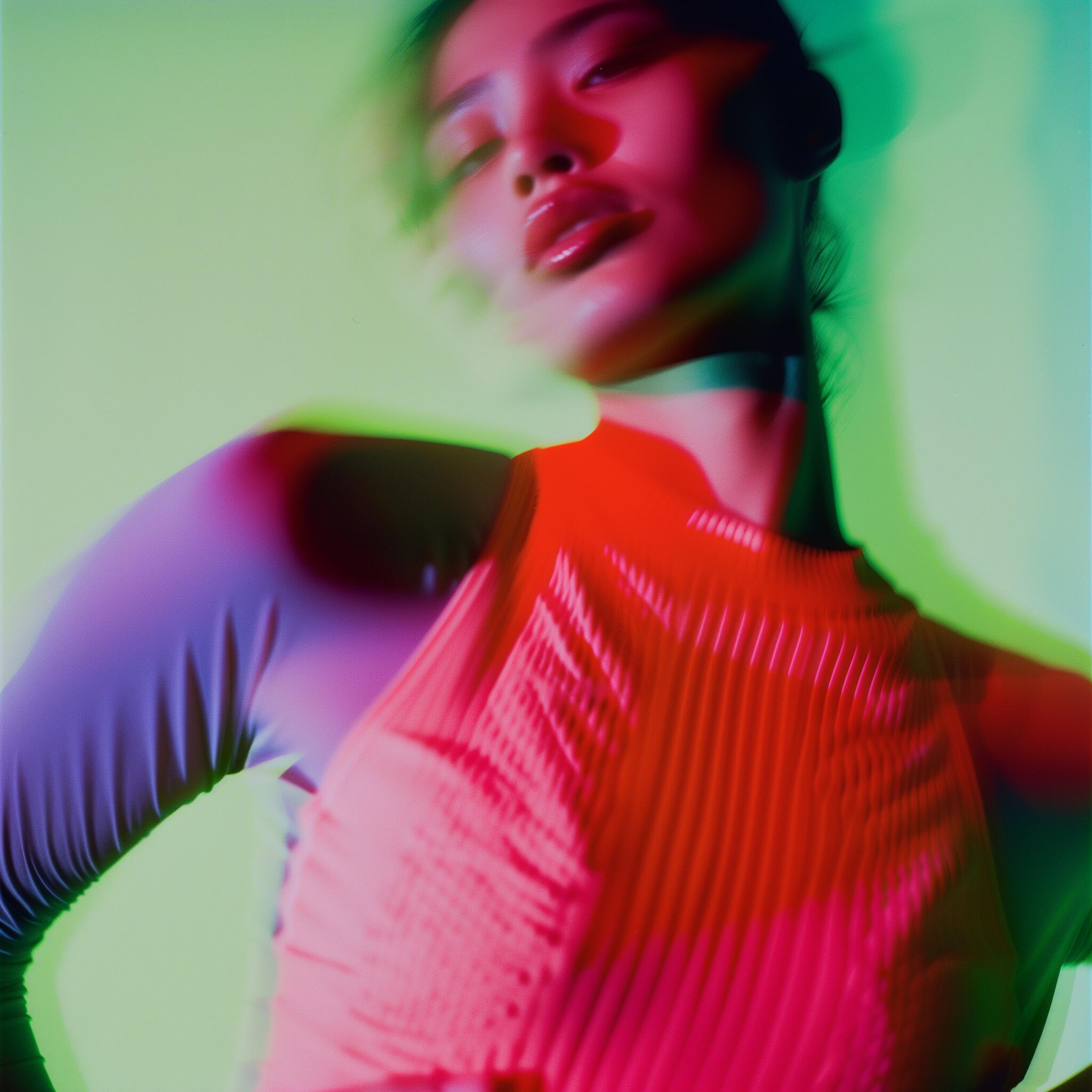 blurred image of woman in red top